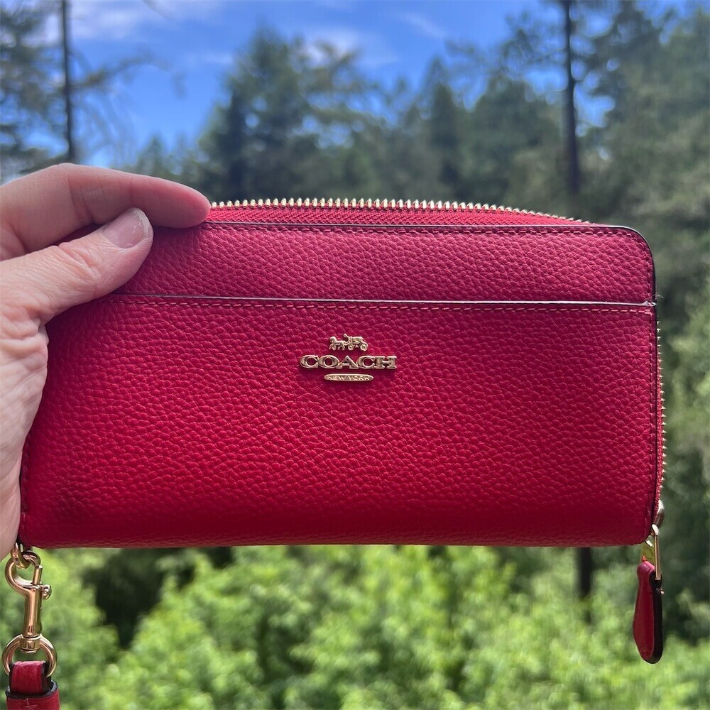 COACH Long Zip-Around RED Pebble Leather Wallet Gold Hardware with Wrist-Strap - Picture 7 of 16